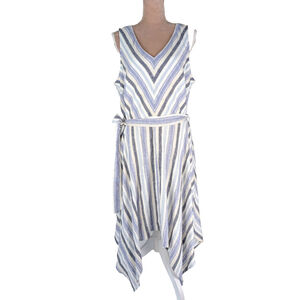Blue White Striped Linen Dress Sz 14 Asymmetrical Hem Resort Vacation Coastal